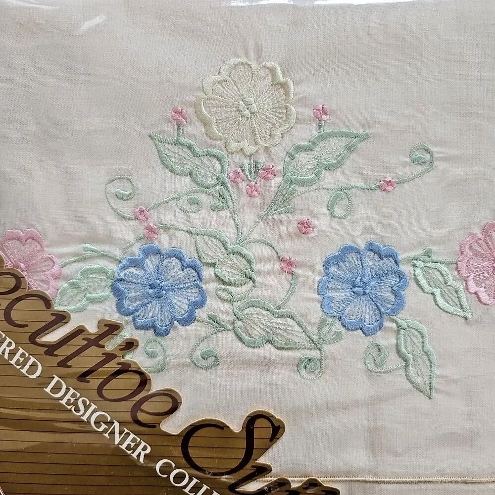 Vintage Executive Suite Embroidered Floral Cream Full Sheet Set NEW NOS Cottage